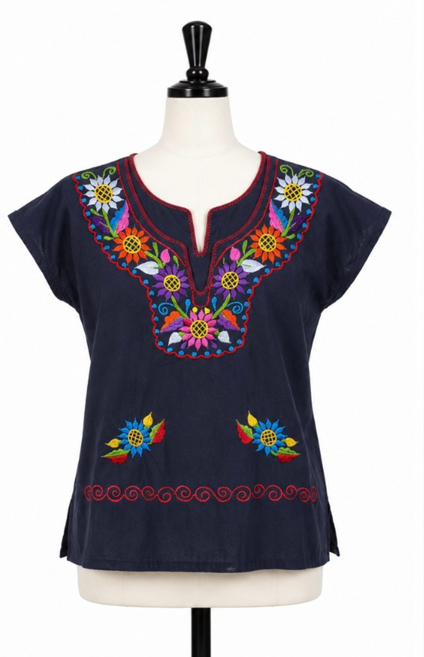 Vintage Women's Artisanal Mexican Floral Embroidered Blouse Black SMALL